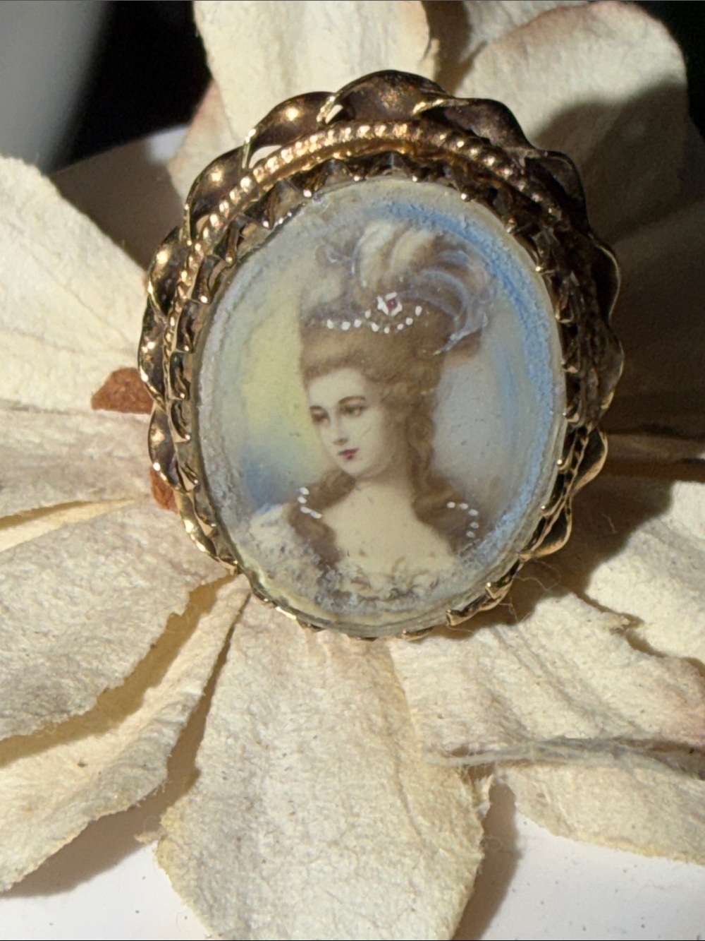 Portrait miniature cameo painted on ivory ornate 14k gold size 7 ring - Picture 6 of 16